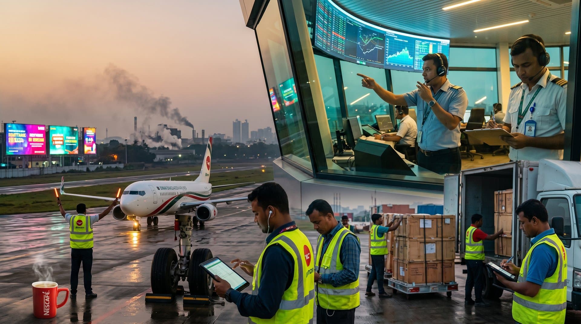 Jessore Airport control tower with machine learning screens, Biman jet, ground crew and cargo operations at dusk
