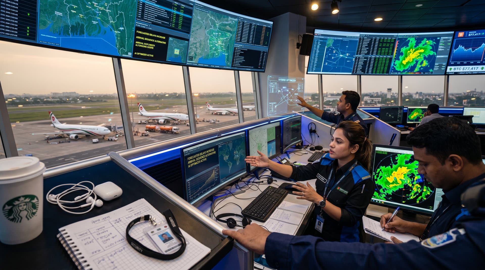 Jessore Airport control center blending AI flight data, crypto prices, and remittance visuals in high-tech hub.