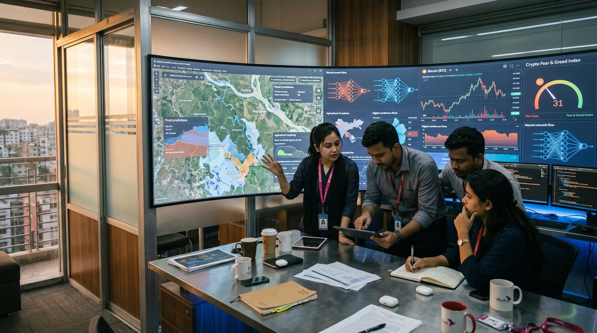 AI flood maps overlay Jessore fields with crypto charts and neural networks in tech visualization