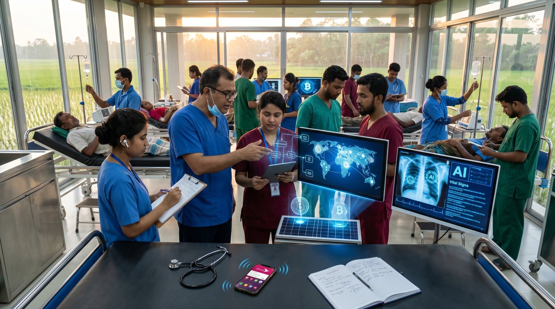 AI diagnostics in Jessore rural clinic with BTC remittance icons and global health tech fusion