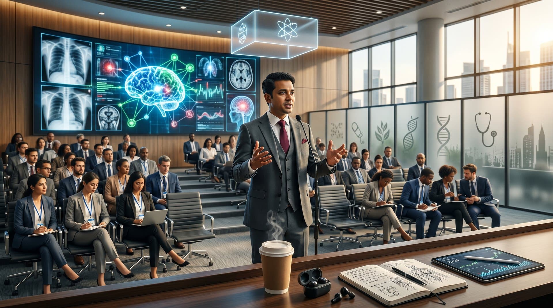 Professionals at AI health tech seminar in modern auditorium with AI neural networks, medical scans, and city skyline