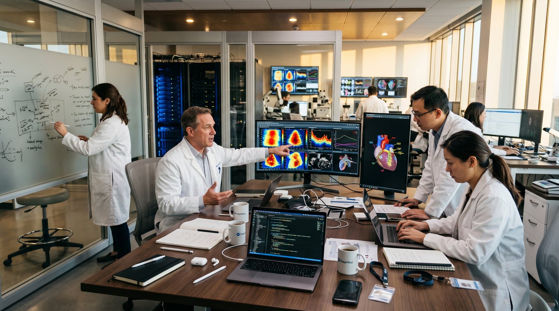 High-tech lab with AI cardiac scans on monitors, glowing servers, and modern workspace elements