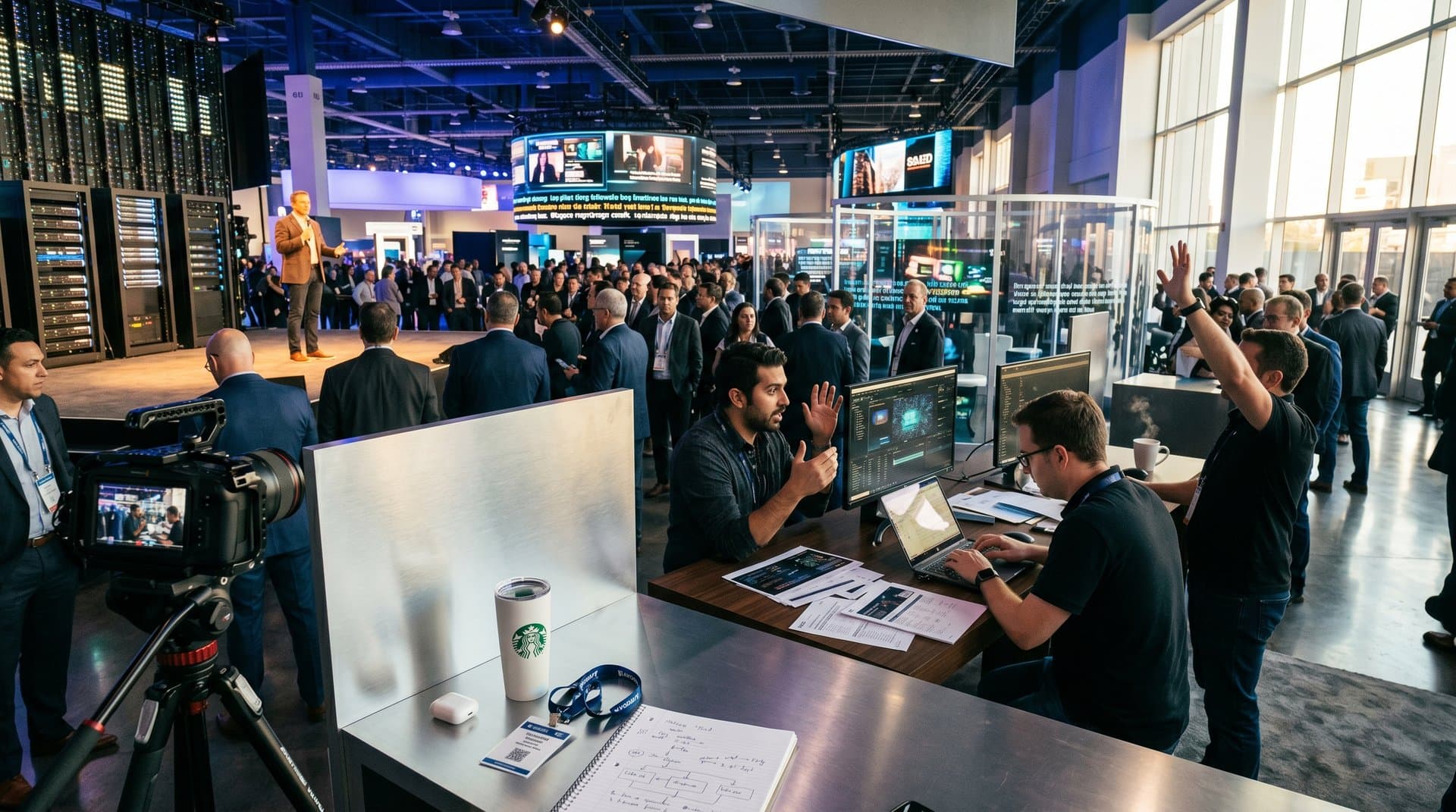 AI broadcast demos with screens, cameras, and engineers in bustling Las Vegas Tech Expo hall