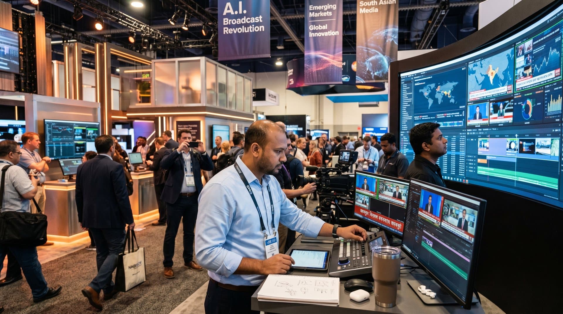 AI broadcast demo at NAB Show booth: engineer at console, executives view video wall simulations amid modern tech setup