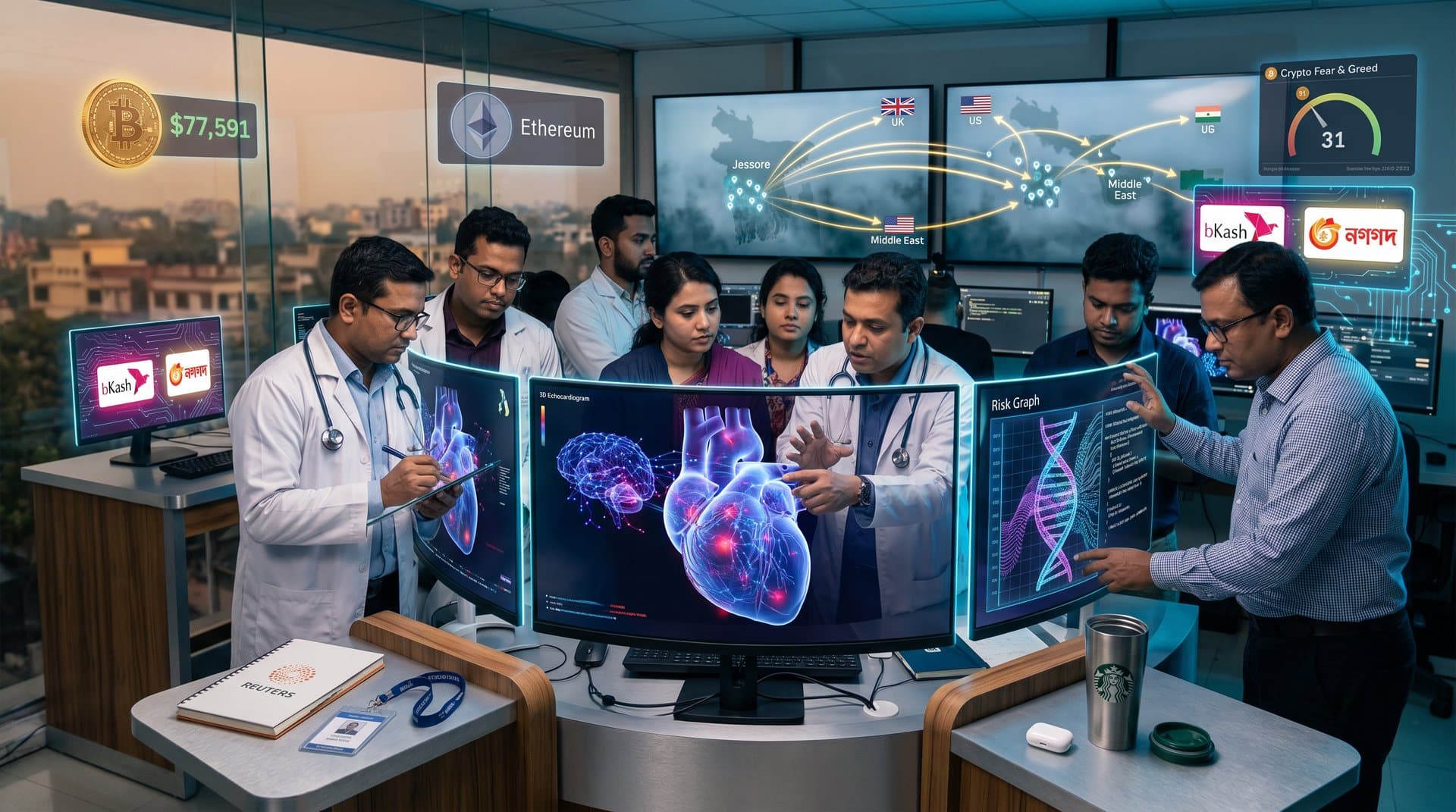 Abstract AI neural networks analyzing 3D heart scans for cardio-oncology risks with Jessore map and crypto elements