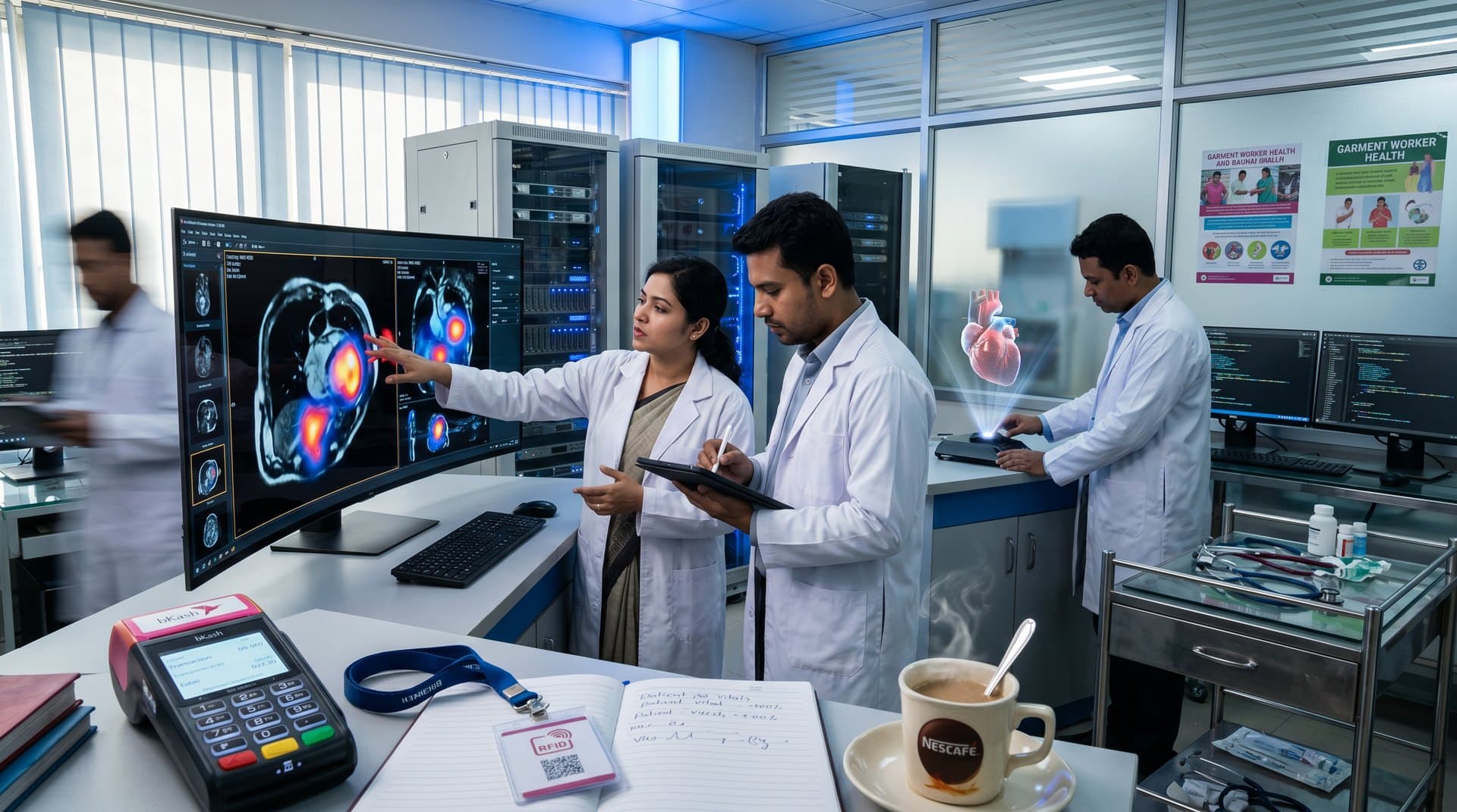 AI diagnostics lab in Jessore hospital analyzing cardiac scans with heatmaps amid bKash terminals and remittance charts in high-tech setup
