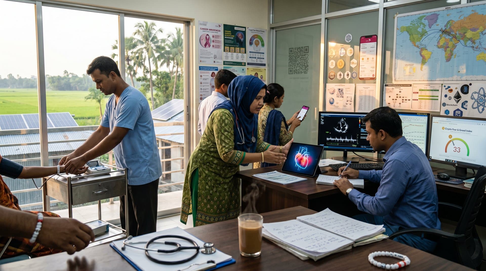 Nurse in Jessore clinic analyzes AI heart scans for cancer patients on tablet amid rural Bangladesh setting