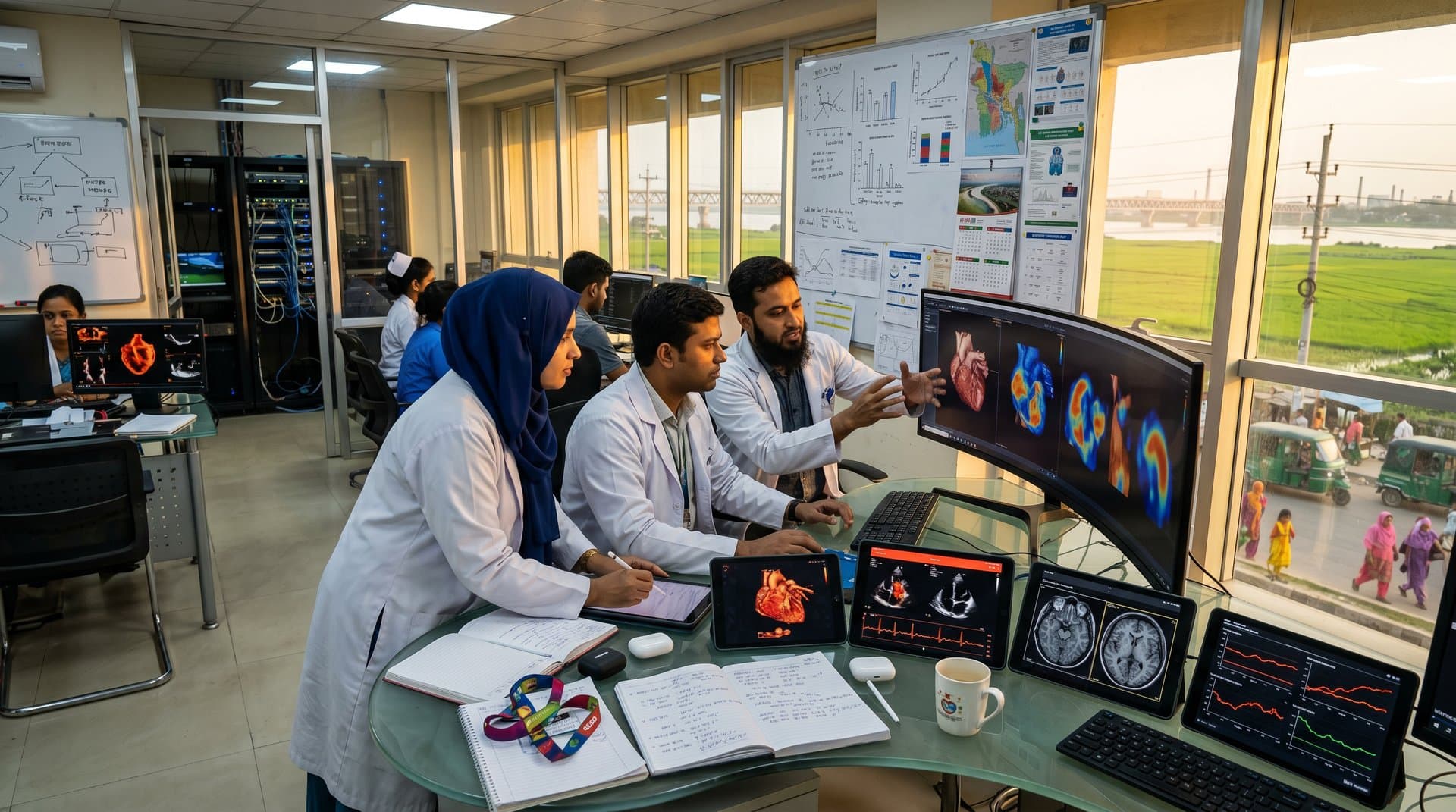 AI diagnostics cardio-oncology scans on monitors in Jessore hospital lab, highlighting 30% risk cuts and crypto remittance funding