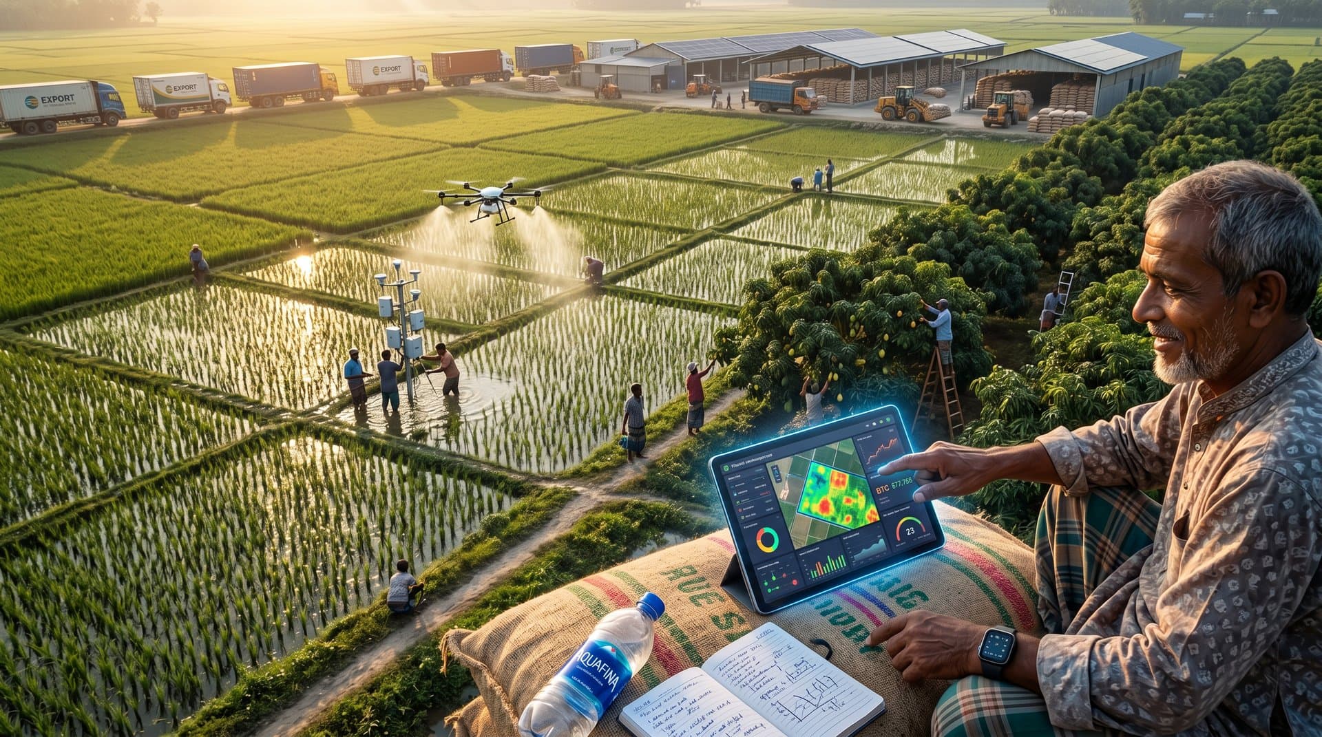 AI-driven crop analysis over Jessore fields with satellite imagery, yield maps, and finance overlays in vibrant rural tech scene