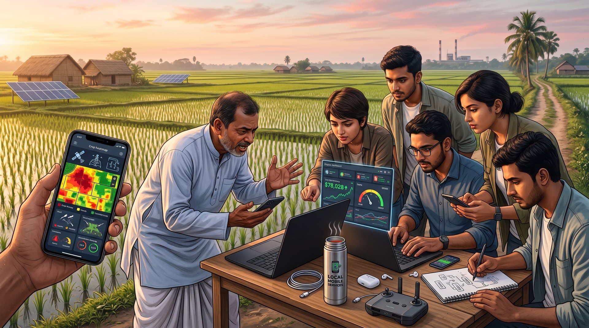 Jessore farmers and tech team use mindmatters.ai AI tools amid crypto charts on farmland backdrop