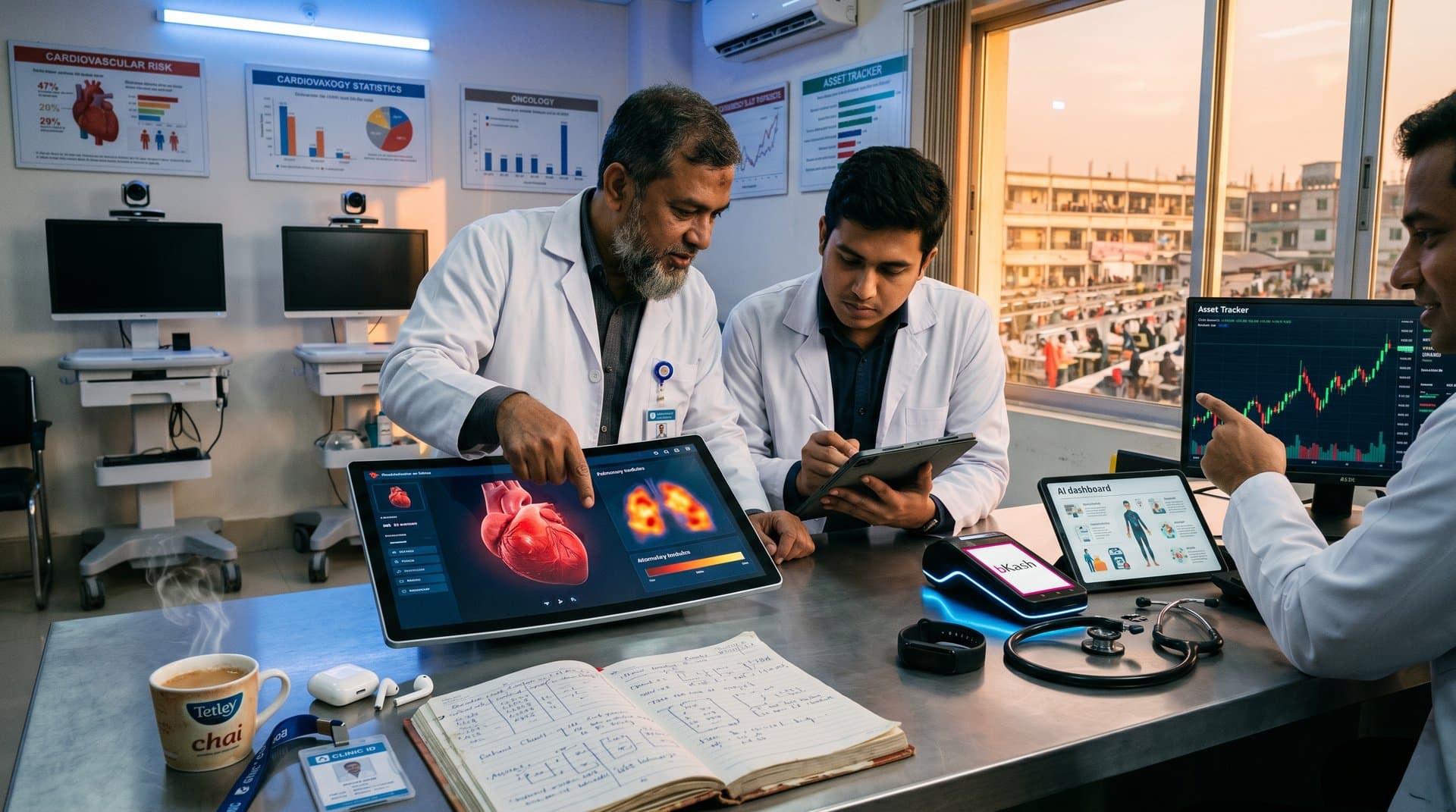 Jessore clinic team analyzes AI cardiac scans with crypto charts and bKash terminal