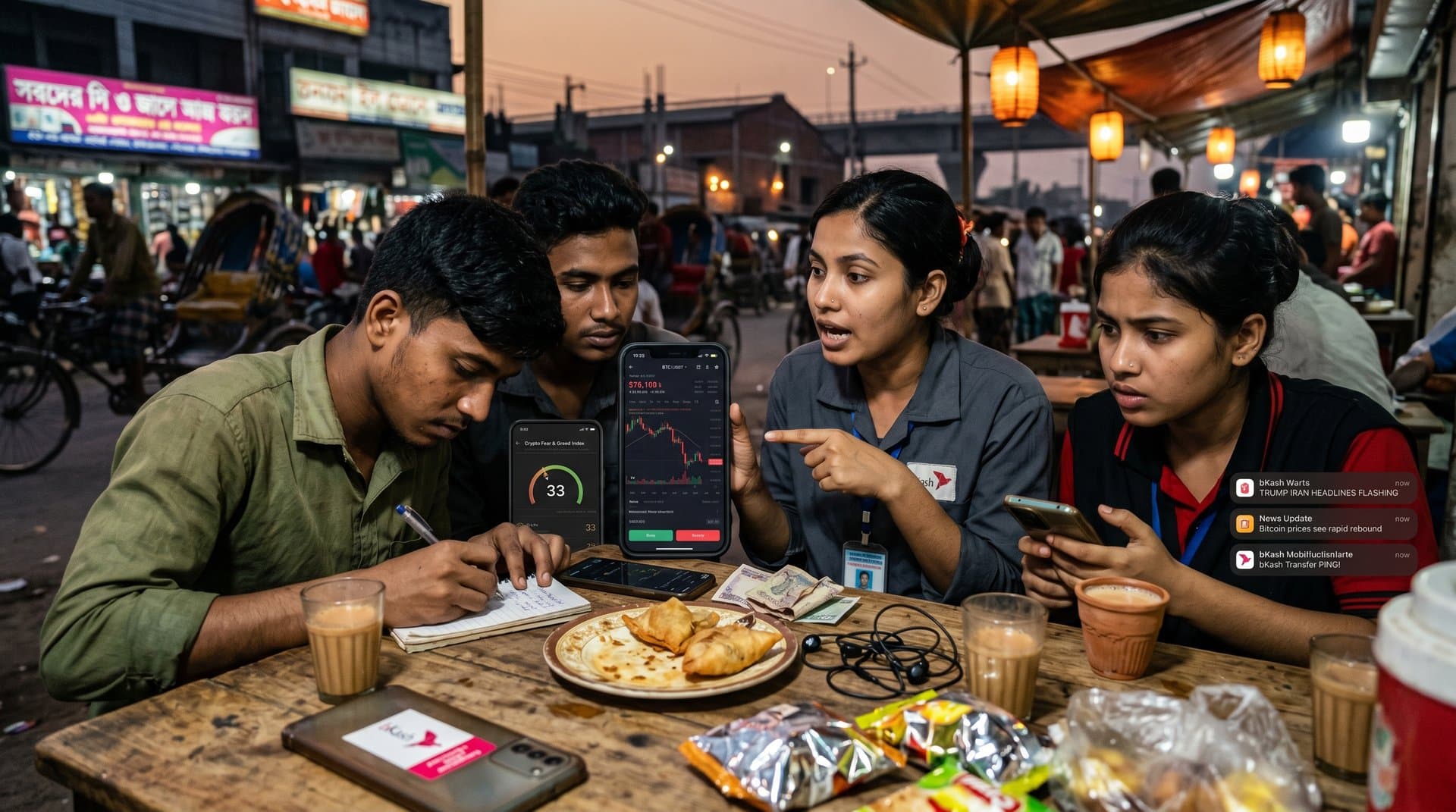 Jessore traders at tea stall monitor Bitcoin dip on phones amid charts, news, chai cups, and local street scene