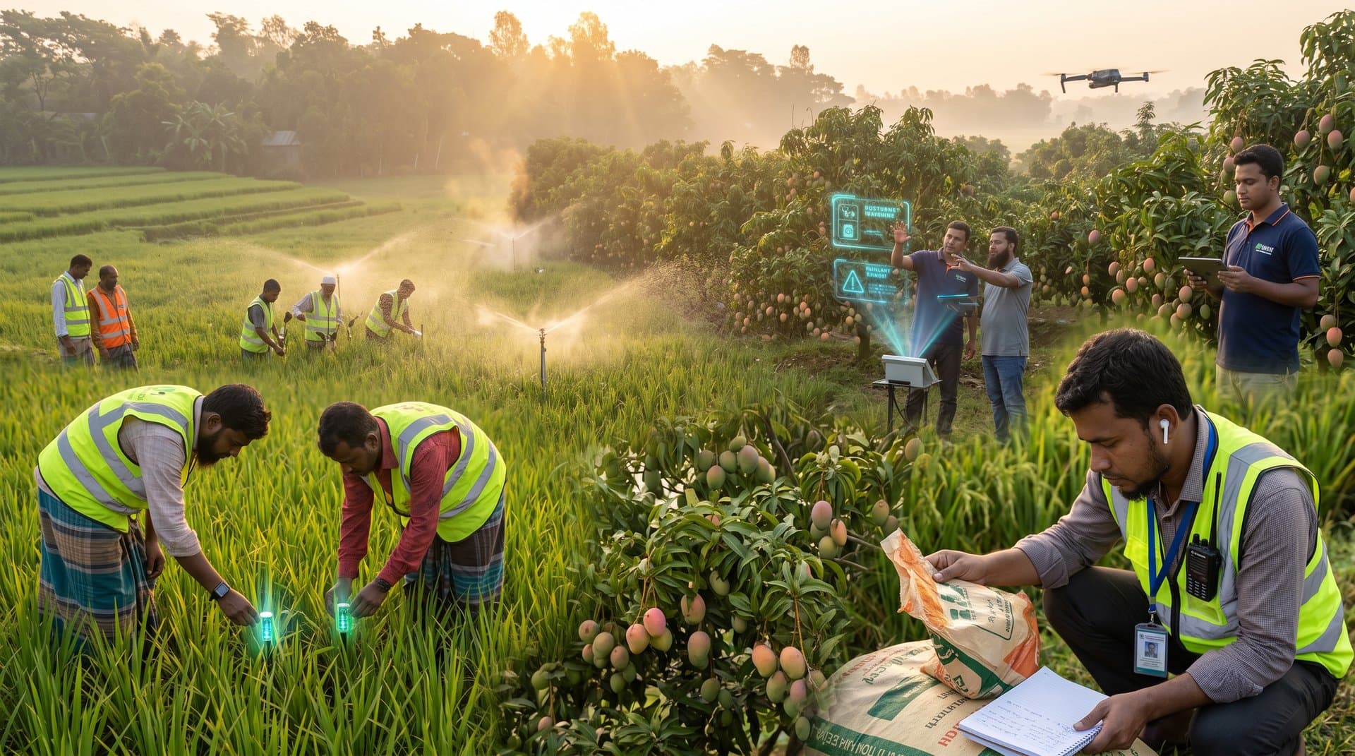 AI overlays on Jessore rice fields and mango orchards showing crop analytics and drone tech in agtech scene