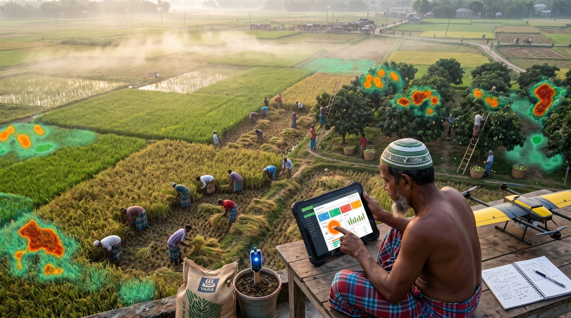 AI heatmaps overlay Jessore farmlands as farmer reviews tablet insights