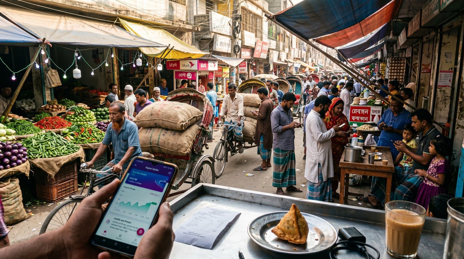 Jessore market scene with smartphones showing XRP at $1.43 and remittance apps amid Bangladesh Bank signs and daily bustle.