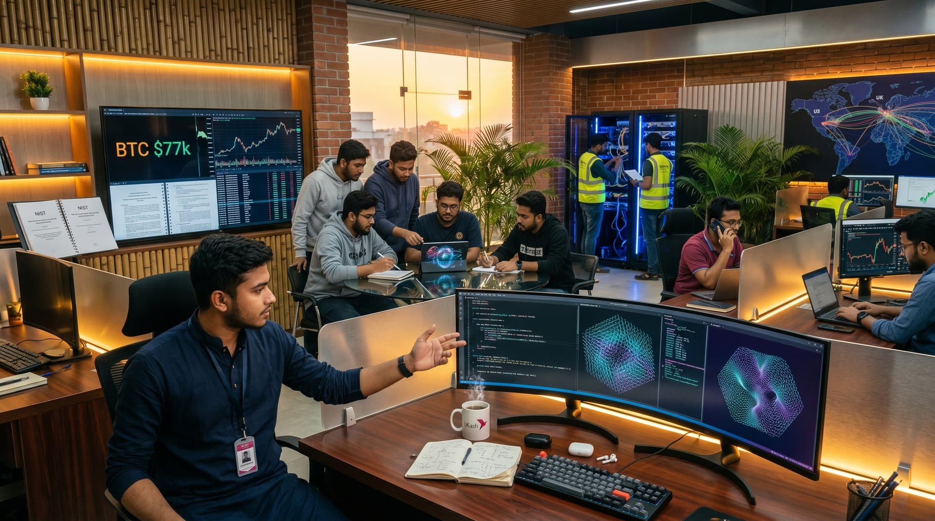 Bangladeshi developers in Jessore tech hub work on GnuPG post-quantum crypto visualizations with Bitcoin charts and remittance maps