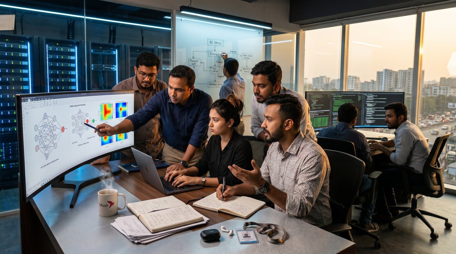 Bangladeshi engineers collaborate on AI safety visuals in Dhaka tech hub with monitors, whiteboards, servers, and city skyline under mixed lighting