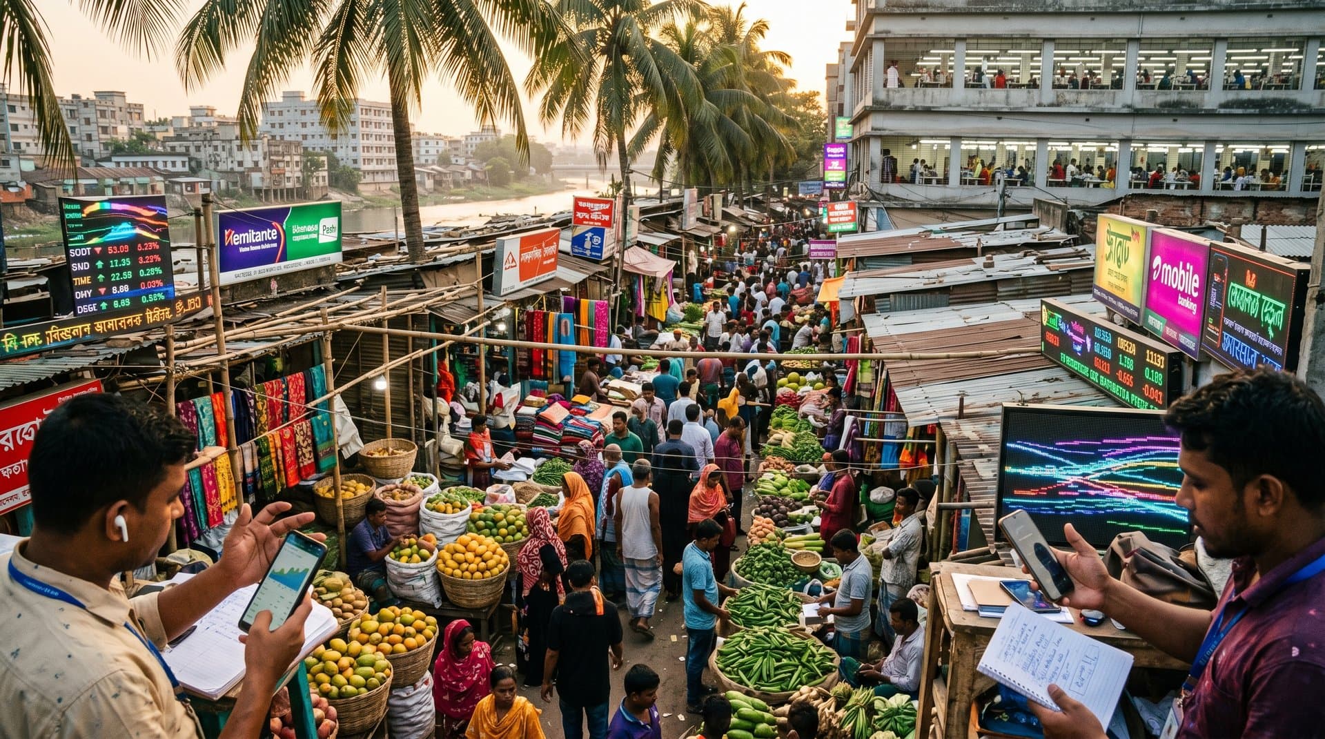 Jessore market stalls with smartphones showing XRP $1.43, BTC $78k amid Fear & Greed 33 and remittance apps