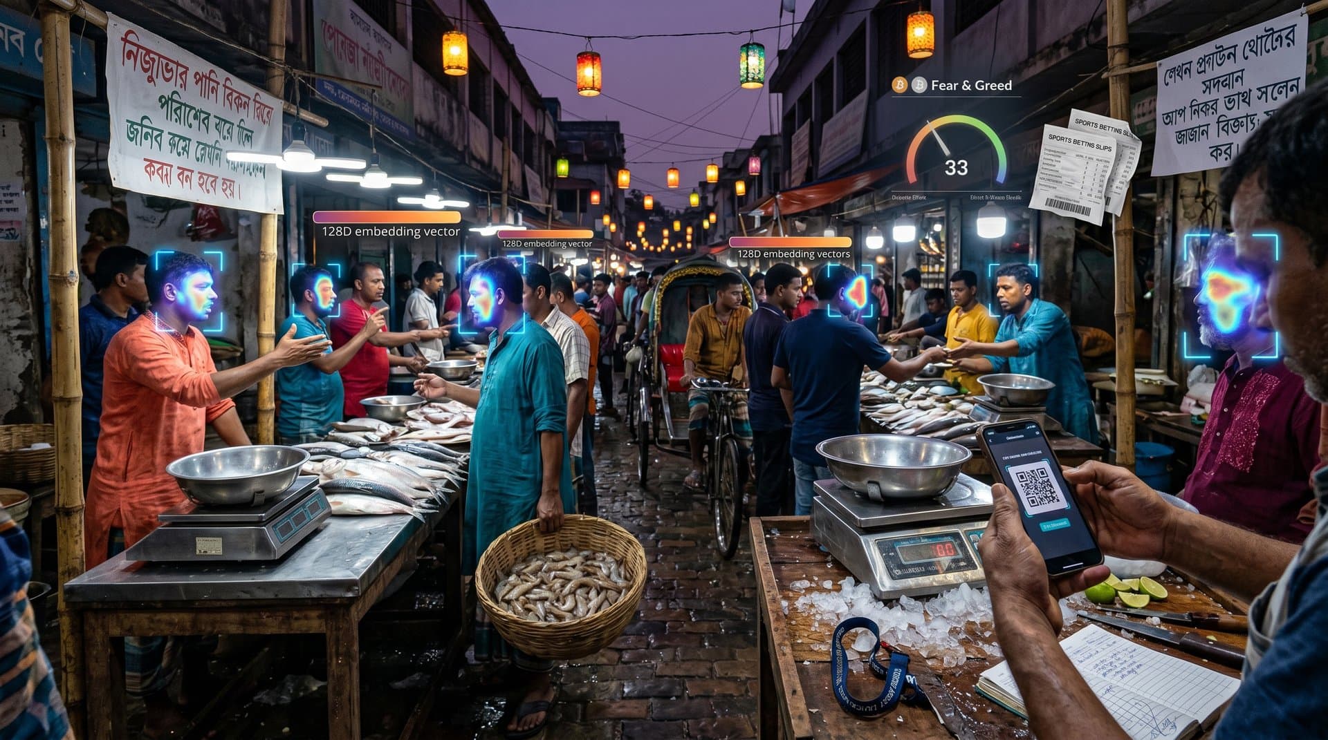Jessore market scene with AI facial recognition overlays and crypto charts amid protest and betting elements