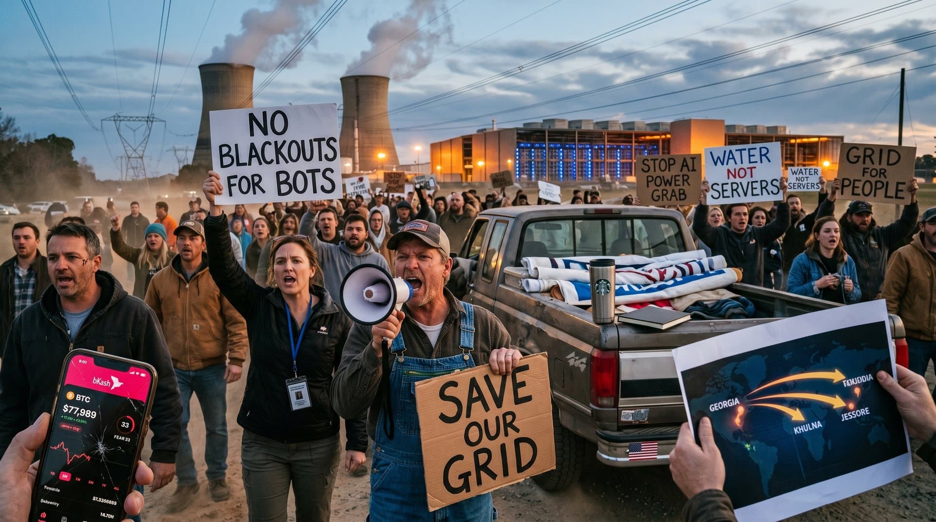 Protesters rally against AI data centers in Georgia with power lines in background, linking to Bangladesh tech concerns