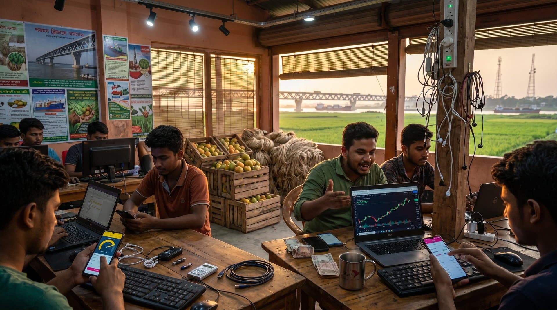 Jessore cyber cafe screens display BTC at $78,078, Fear & Greed 33, bKash remittances amid rural Bangladesh economic visuals like mango crates and jute fields