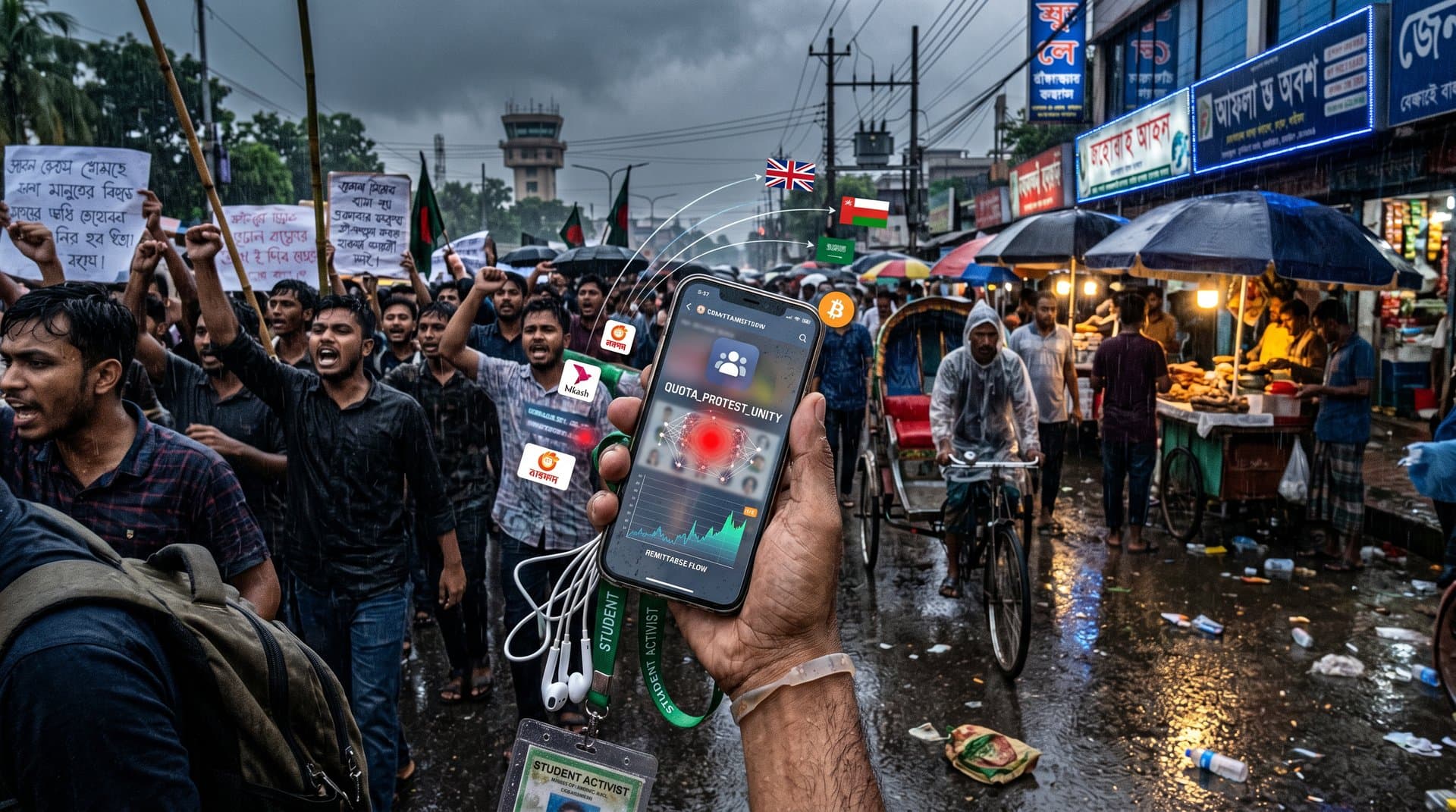 Jessore quota protests with AI anonymity breach overlays on social media screens and crypto charts