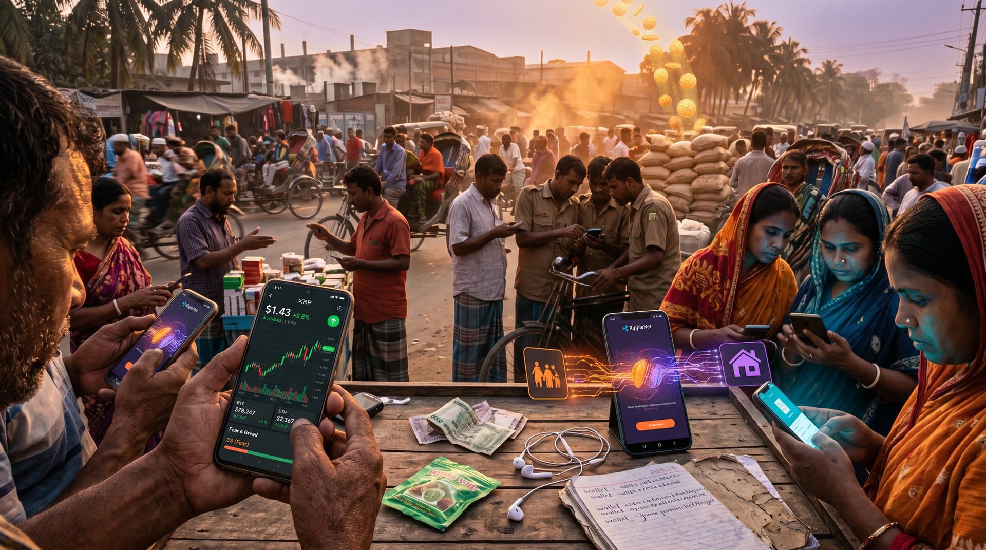 Jessore market scene with smartphones showing XRP at $1.43, remittances apps, and crypto charts amid local economy