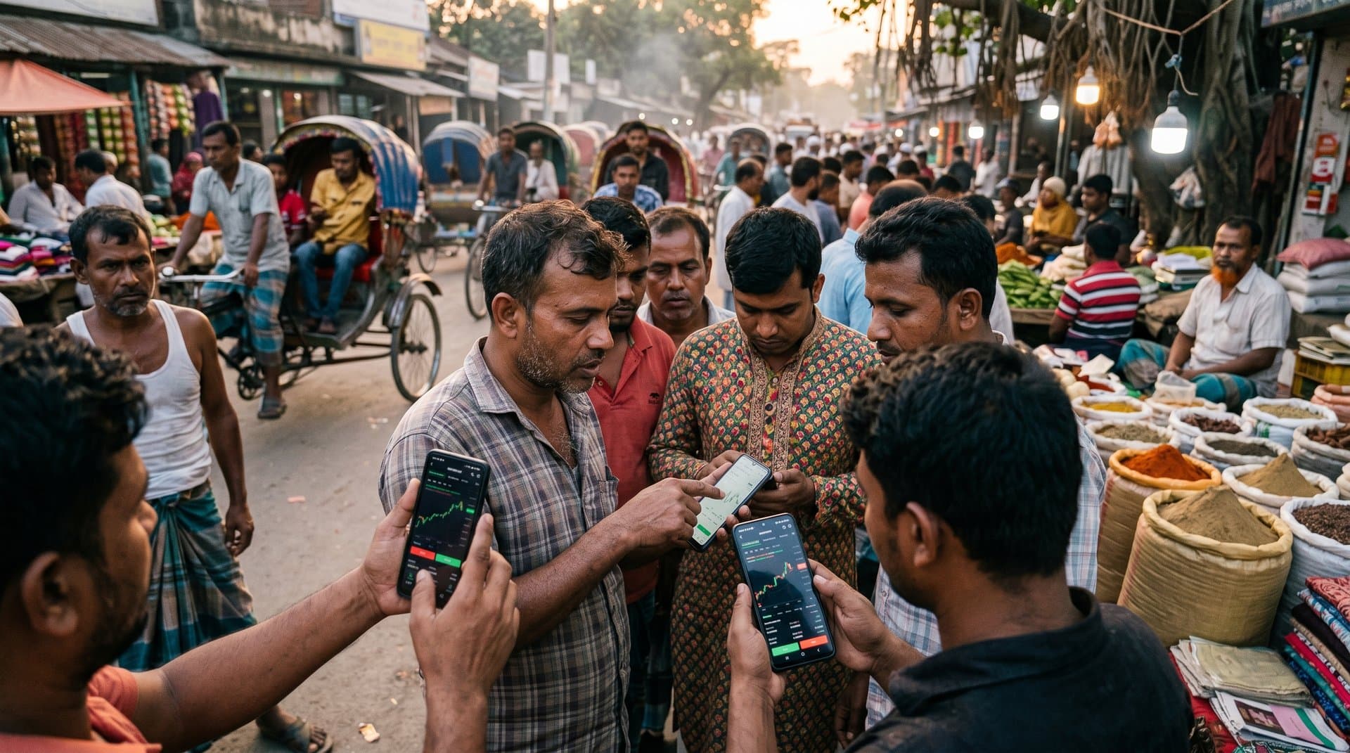 Jessore market traders checking BTC $78K charts and Fear & Greed 33 on phones amid remittances and local bustle