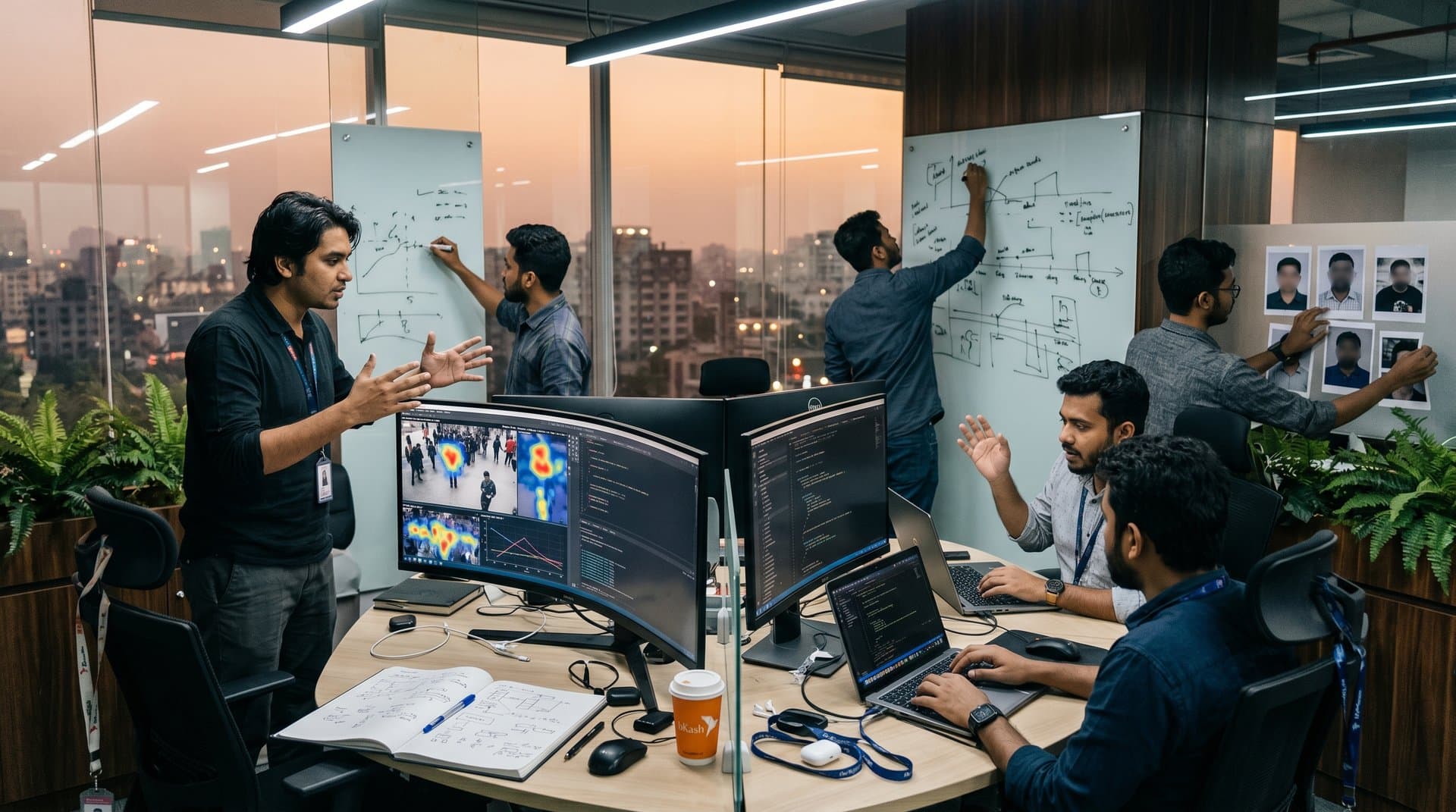 Dhaka tech team analyzes AI facial recognition heatmaps on sports quota protest imagery in innovative office