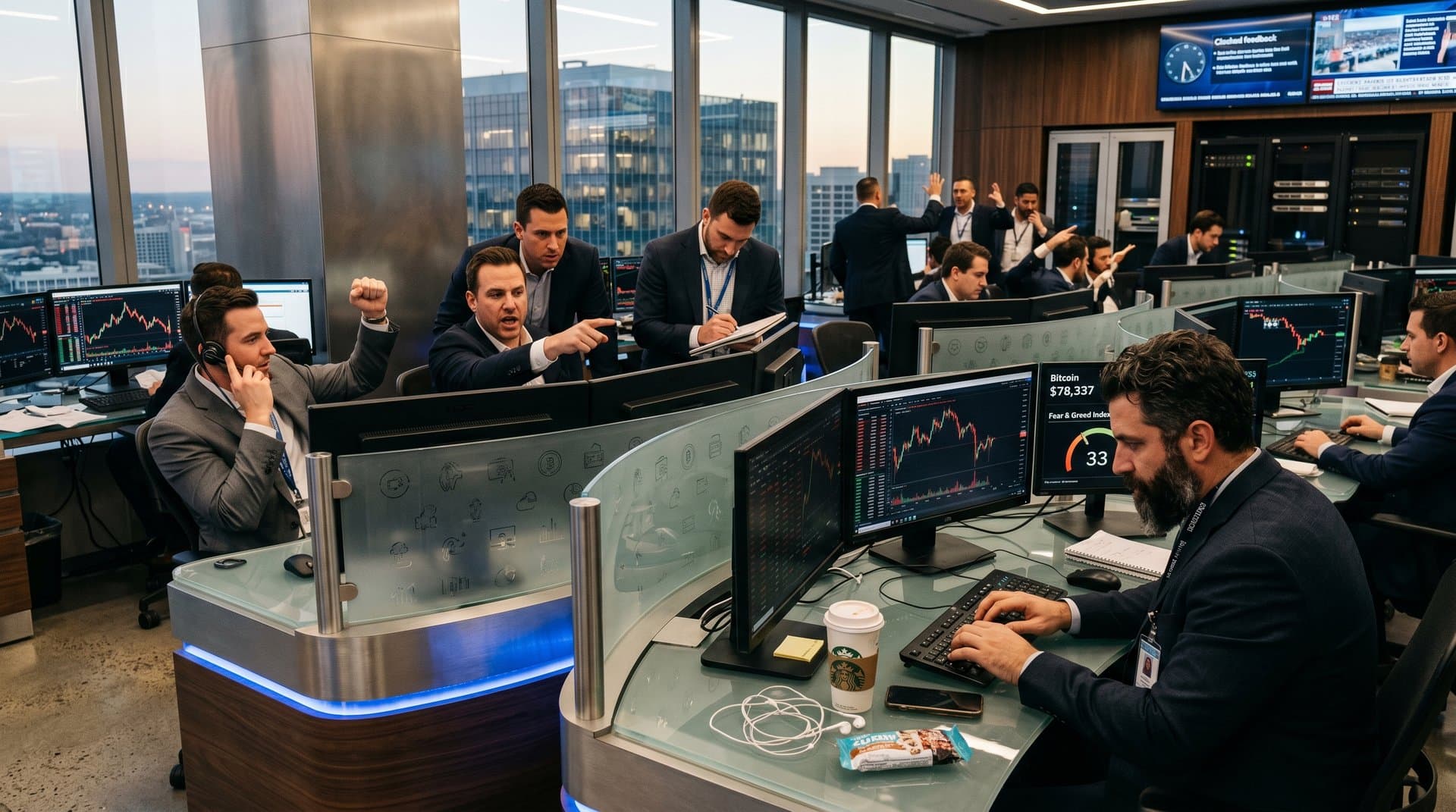 Traders monitor BTC at $78,337 and Fear Index 33 on multi-screen setups amid global finance rush with BDT clock