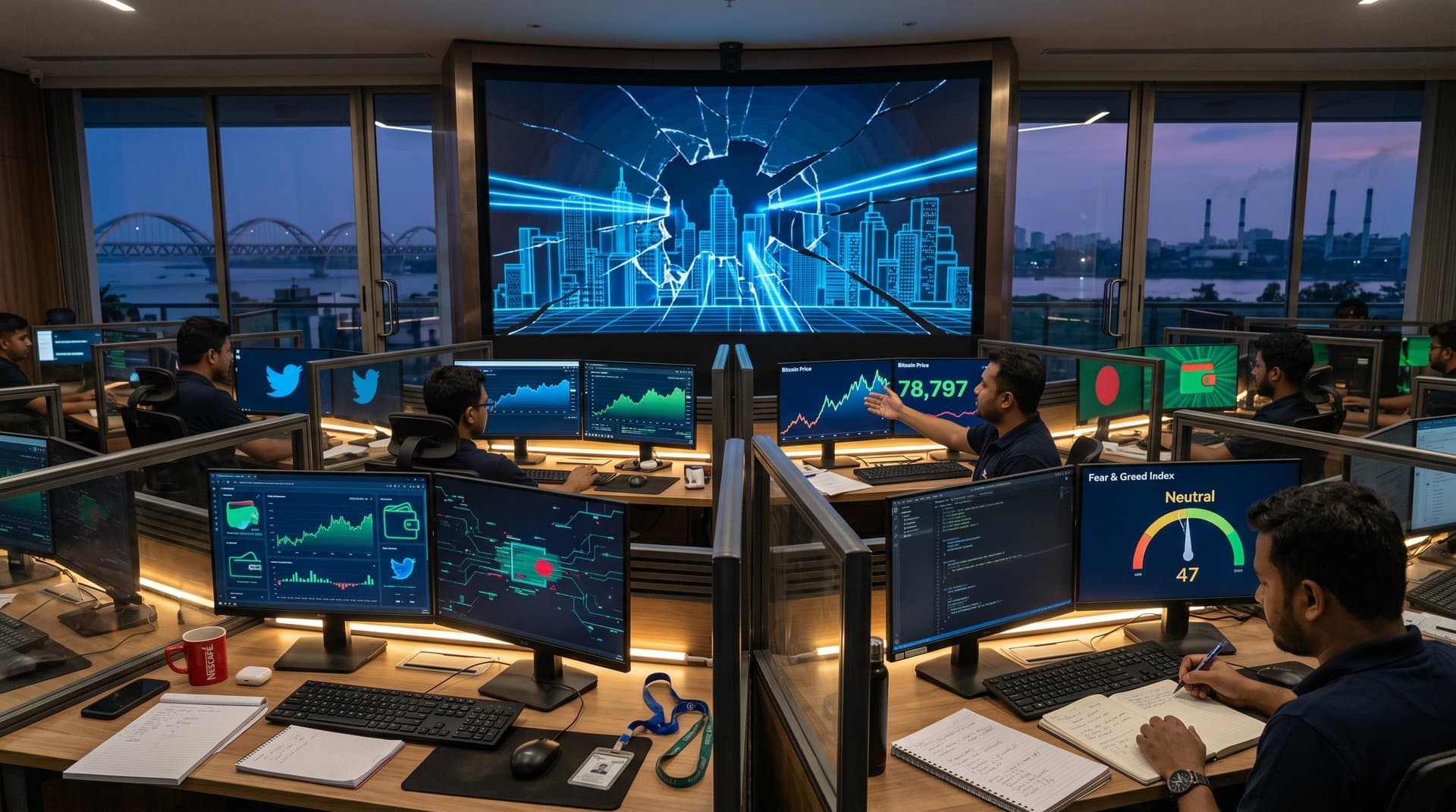 Abstract cyberpunk scene of AI cracking digital anonymity mask over Jessore skyline with BTC chart and privacy tech elements