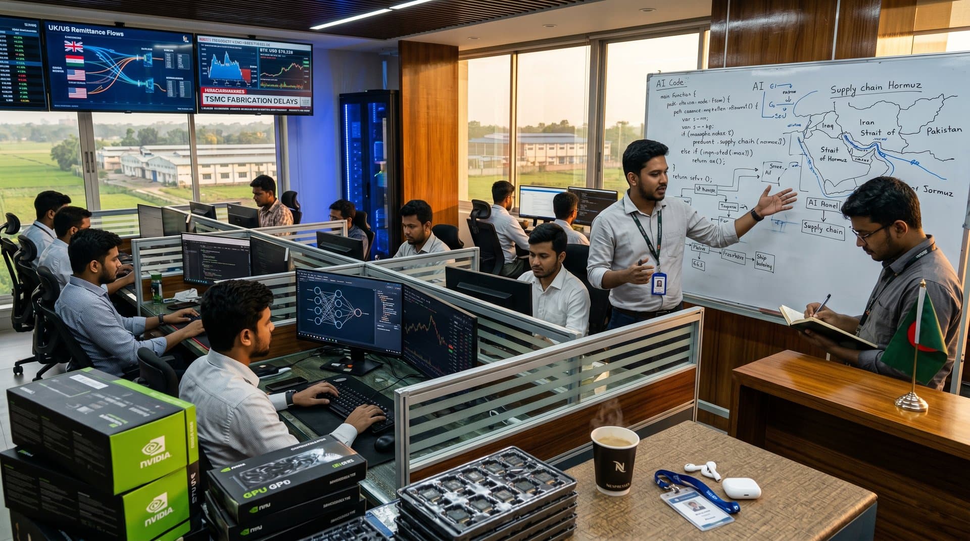 Bangladeshi tech office with AI monitors, GPU stacks, crypto charts, and supply chain maps under warm light