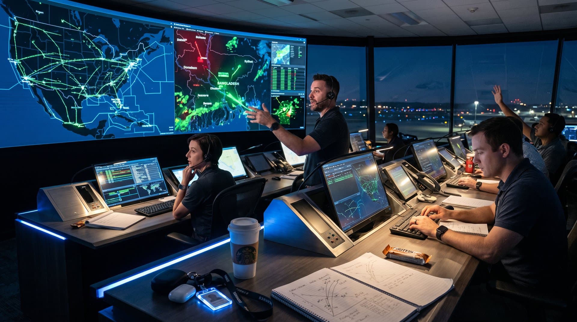 AI-driven air traffic control screens showing optimized flight paths over US and Bangladesh maps in modern control room