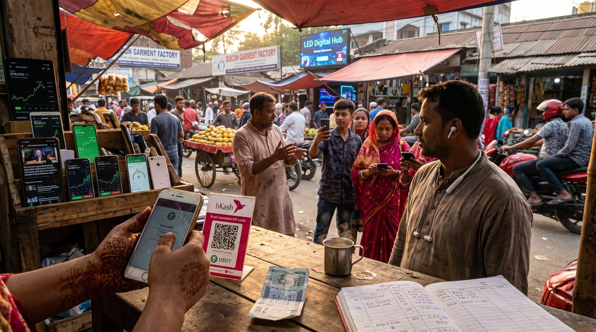 Jessore market stalls with glowing smartphones showing BTC $79K charts, US crypto bill news, and bKash remittance flows amid garment trade bustle