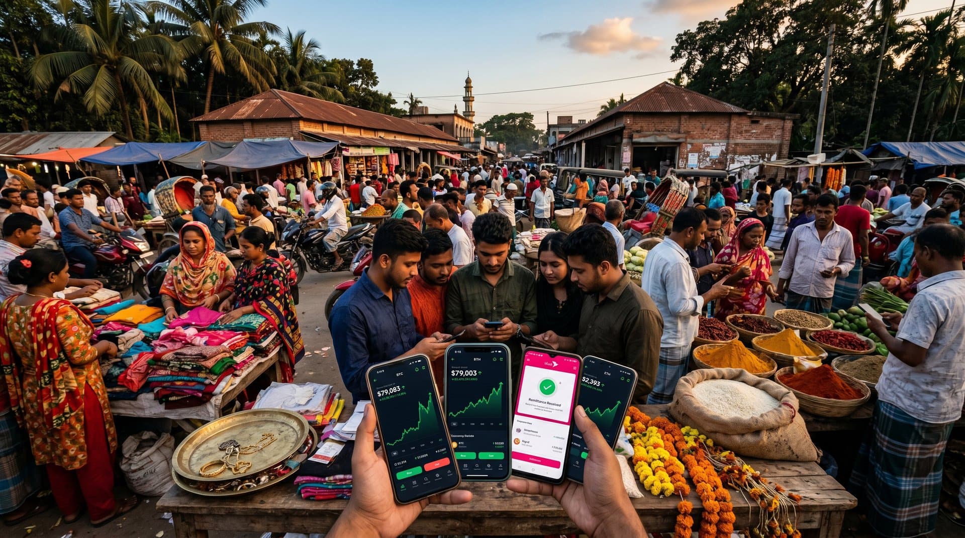 Jessore market scene with crypto charts on phones, remittances apps, and local economy fusion