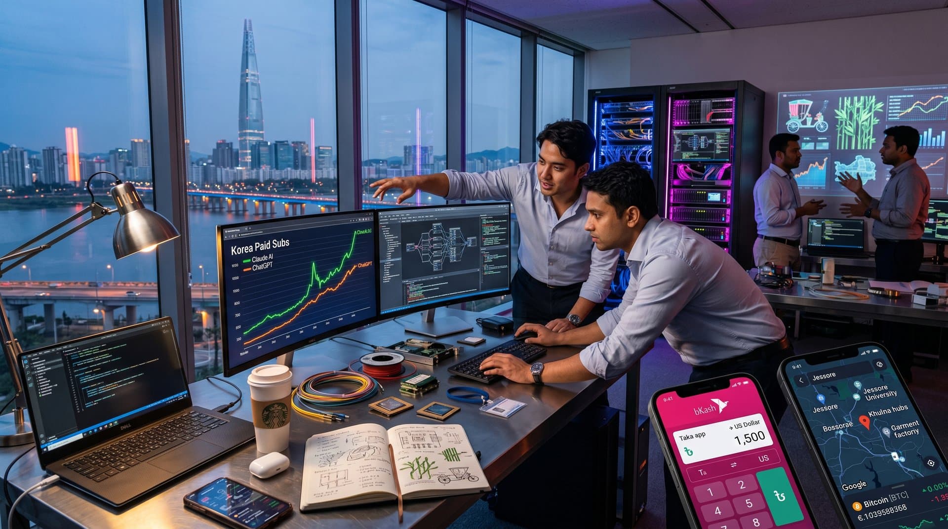 Seoul AI workspace charts Claude overtaking ChatGPT at 55% with Korean chips, bKash app, Jessore map, and steady BTC graphs