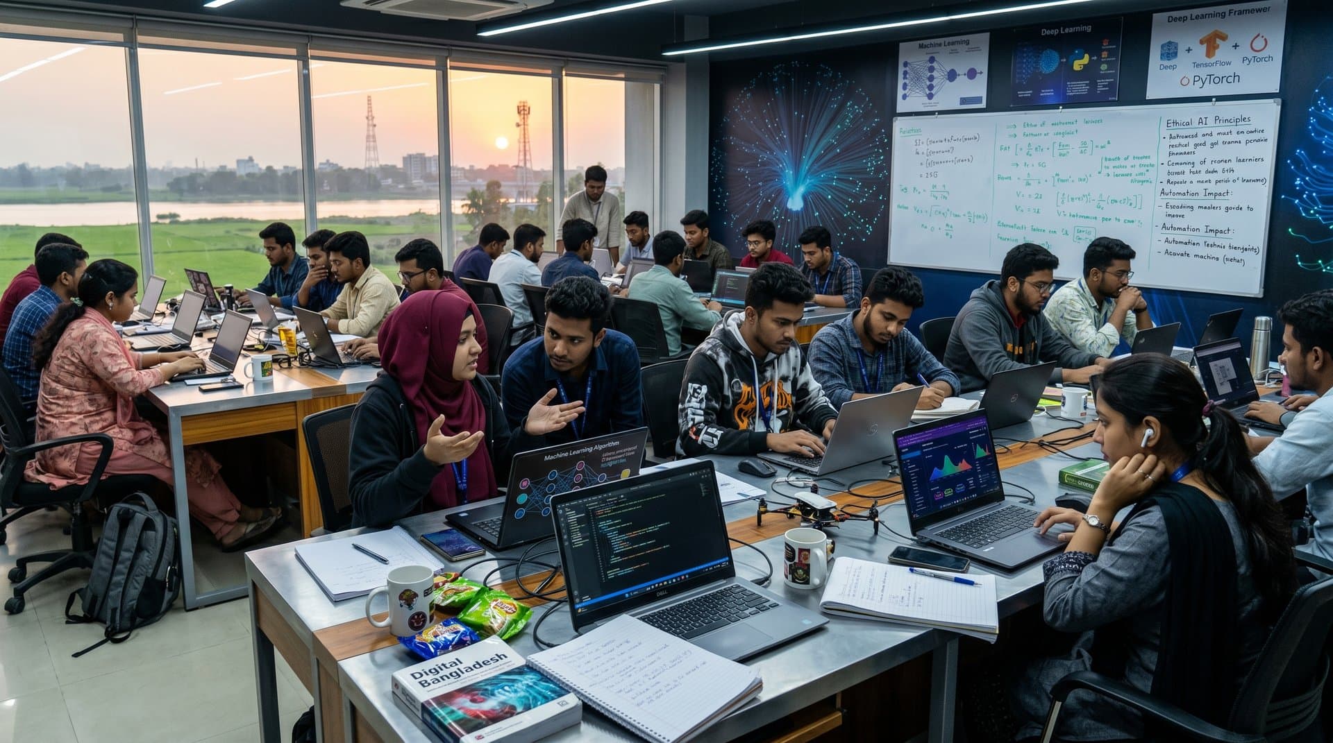 Jessore university lab with AI screens, code whiteboards, and river view fostering Bangladesh tech innovation