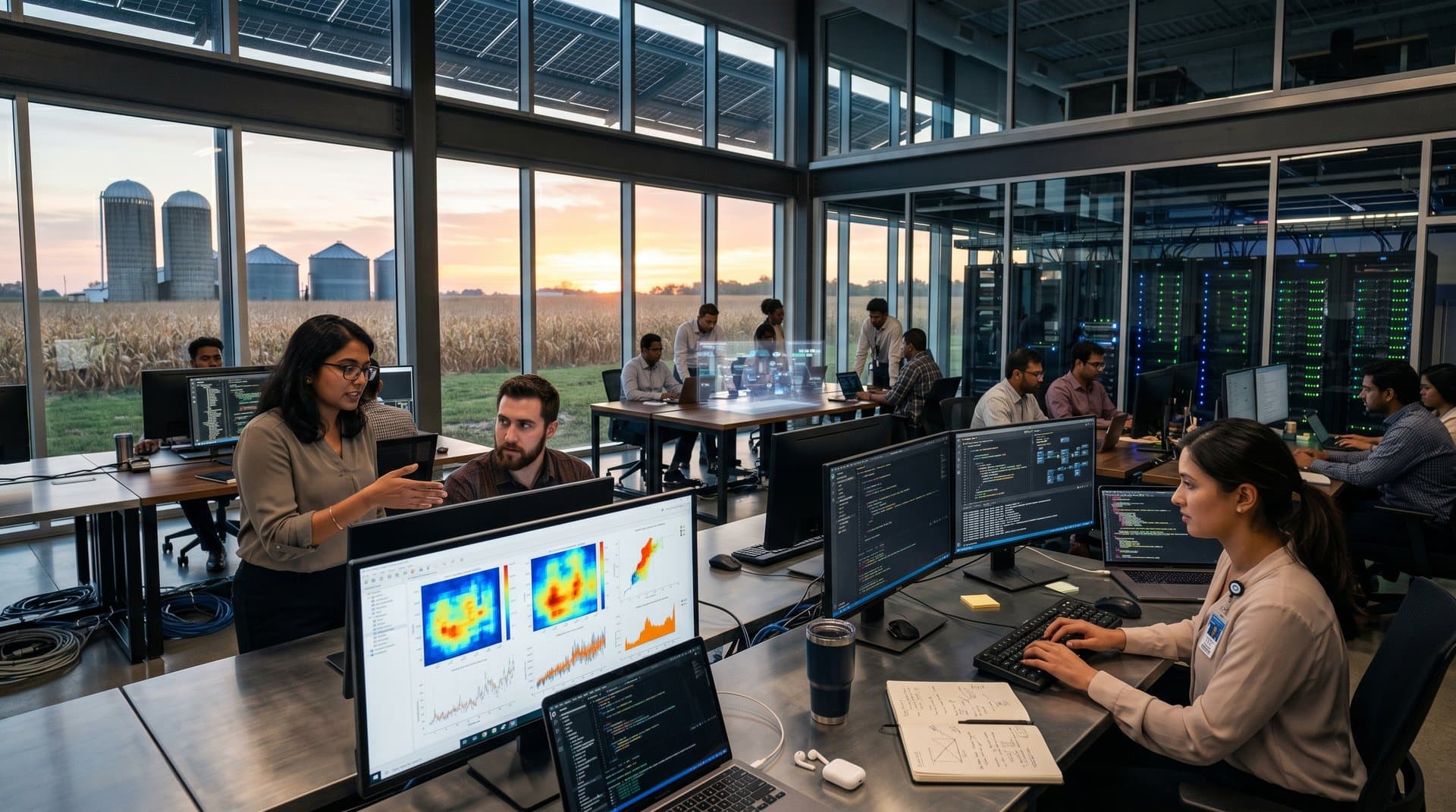 Indiana tech hub with South Asian engineers viewing AI garment and crop models, server racks and remittance apps in modern facility