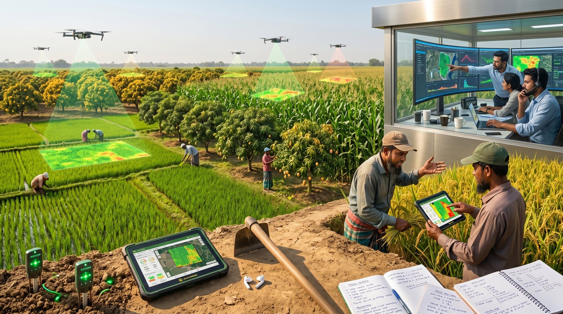 AI drones over Jessore-Nebraska blended farmlands with crop heatmaps and agrotech interfaces