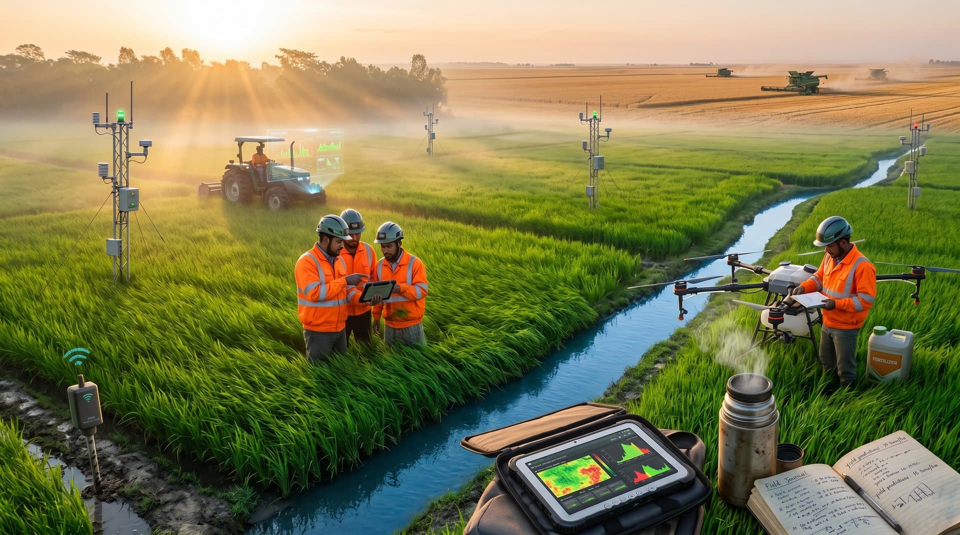 AI-enhanced aerial view of Jessore rice fields with crop yield heatmaps and Nebraska-inspired tech overlays