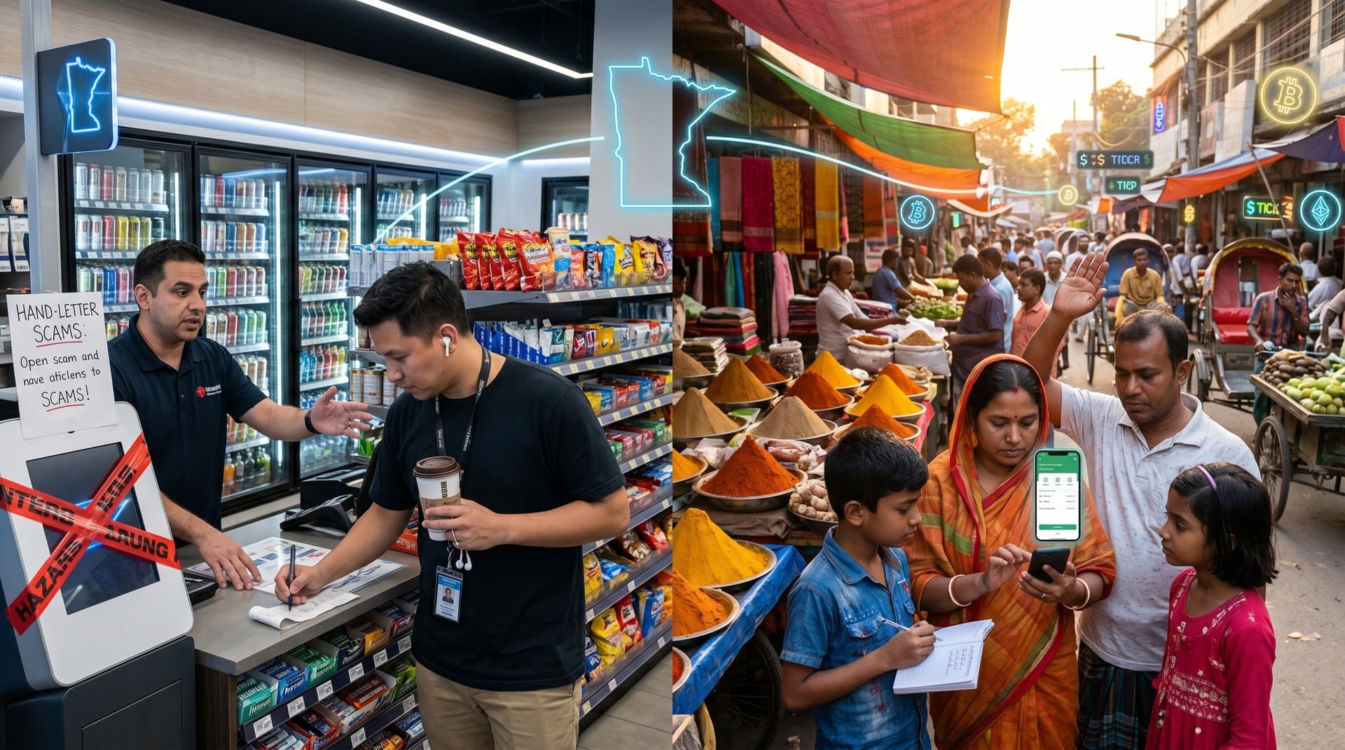 Crypto kiosk ban in Minnesota impacts Jessore remittances with BTC charts and bKash app