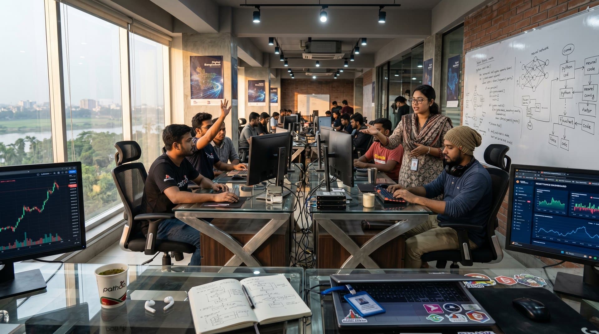 Jessore coworking space with desks displaying Ghostty terminals, GitHub alerts, AI code for garments, fintech charts, bKash apps amid collaboration setup