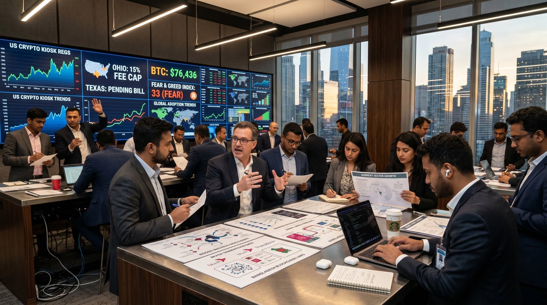 Tech compliance center displays US crypto kiosk regulation maps, BTC at $76K, Jessore remittance charts in dynamic finance setting