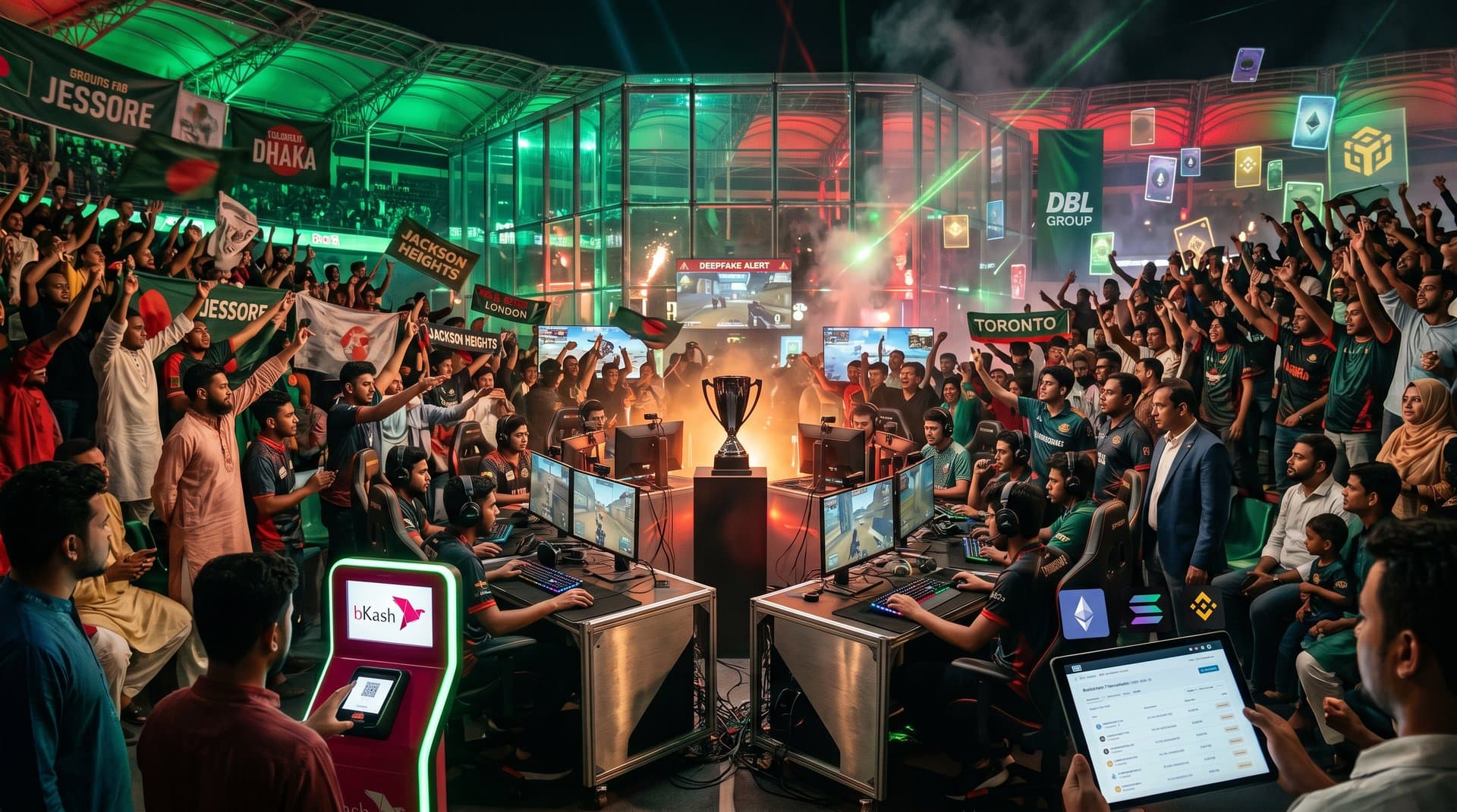 Dhaka esports arena with PUBG players, deepfake glitch effects, blockchain displays, and cheering crowd under Bangladesh flags