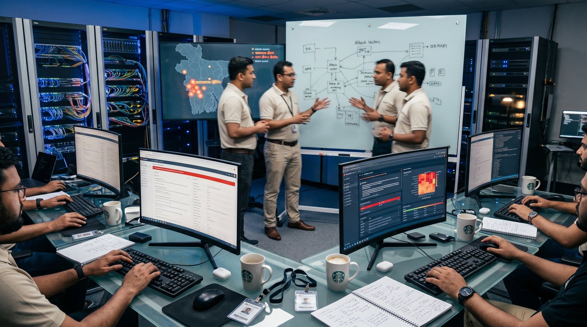 Cybersecurity team analyzes OpenEMR CVE scans in high-tech operations center with code heatmaps and network visuals