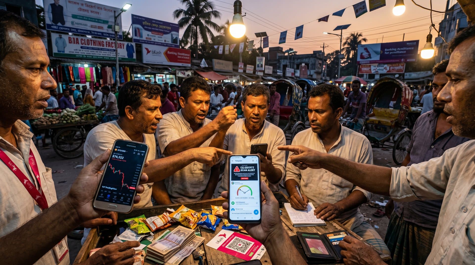Jessore traders check crypto scam alerts and Bitcoin charts on phones amid market bustle with bKash and remittances