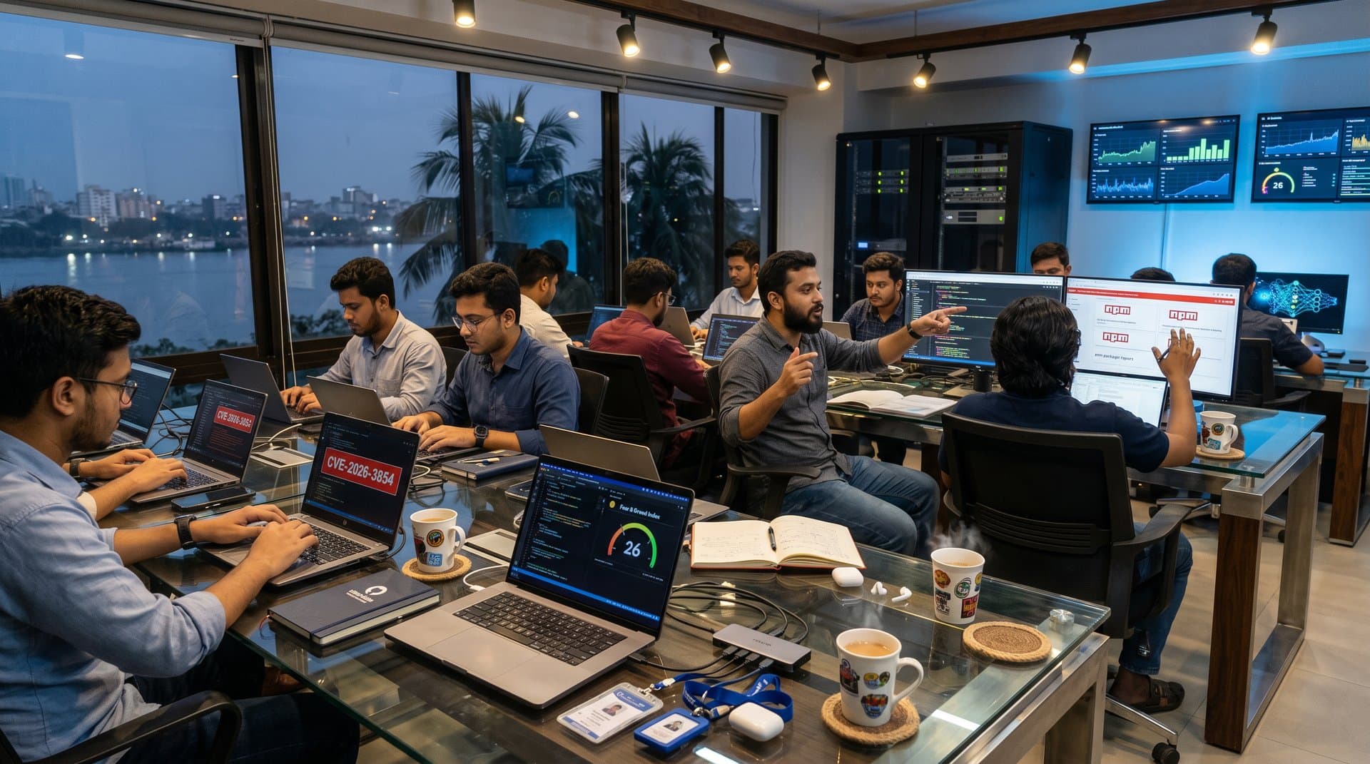Dhaka coworking space with GitHub CVE-2026-3854 alerts and crypto charts
