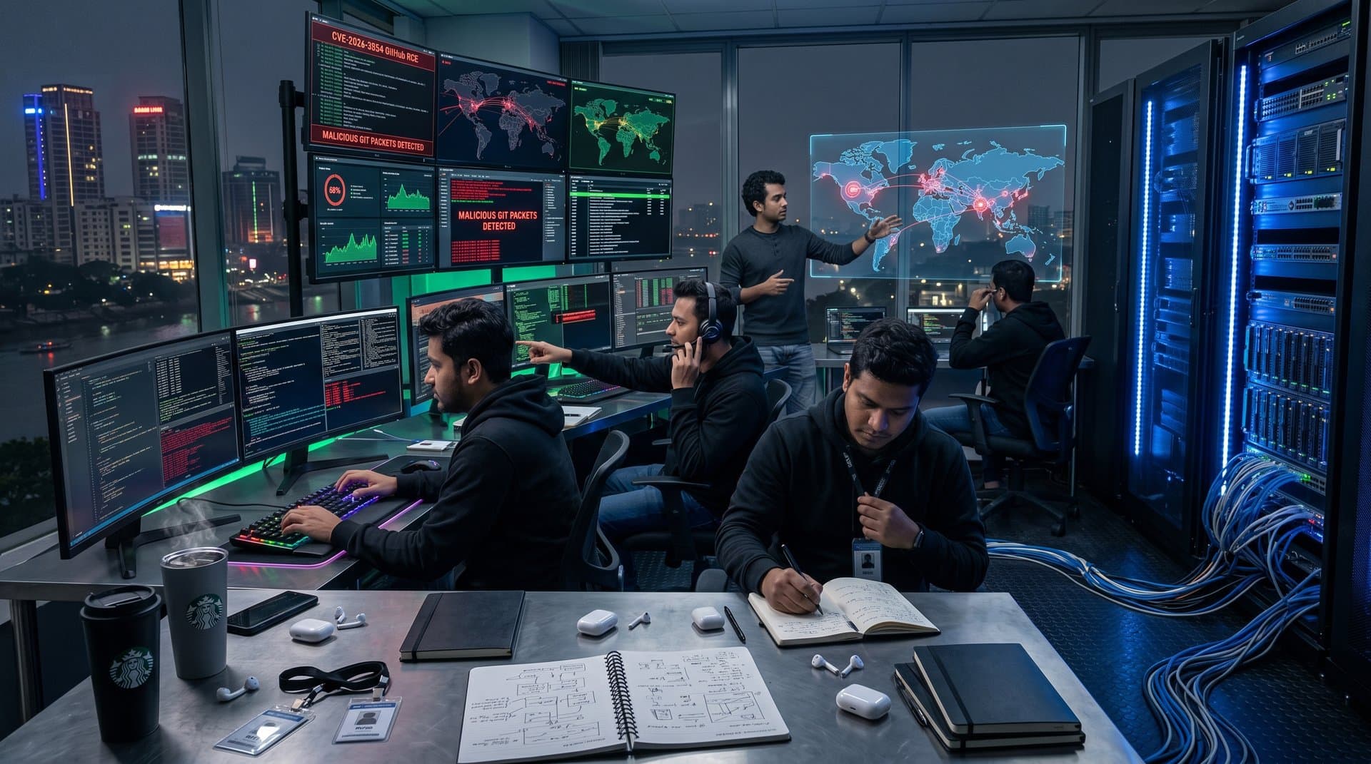 Cybersecurity team in Dhaka tech hub monitors GitHub RCE vulnerability CVE-2026-3854 scans amid glowing server racks and alert dashboards