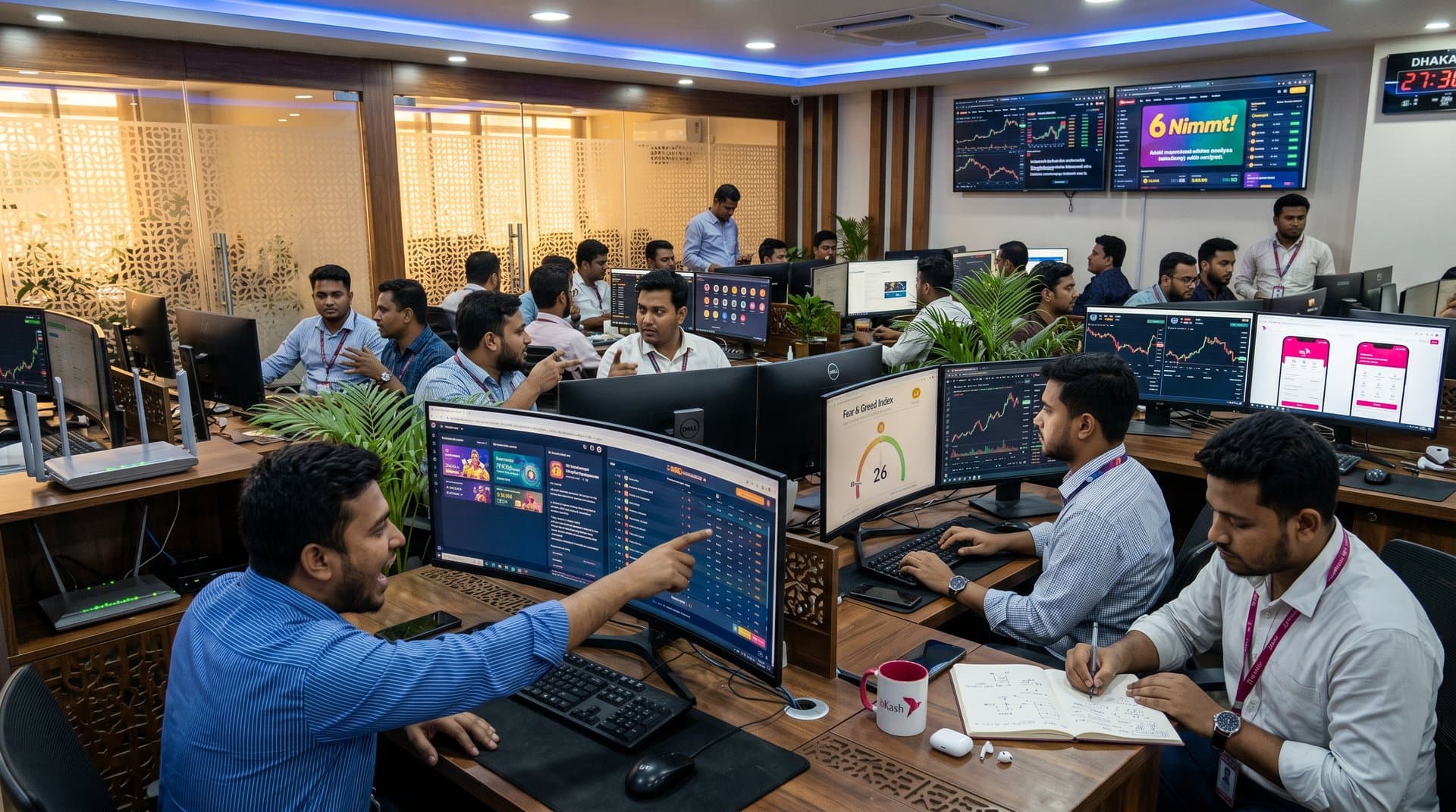 Jessore fintech traders monitor AI deepfake alerts and esports betting odds on multi-screen setups with crypto charts