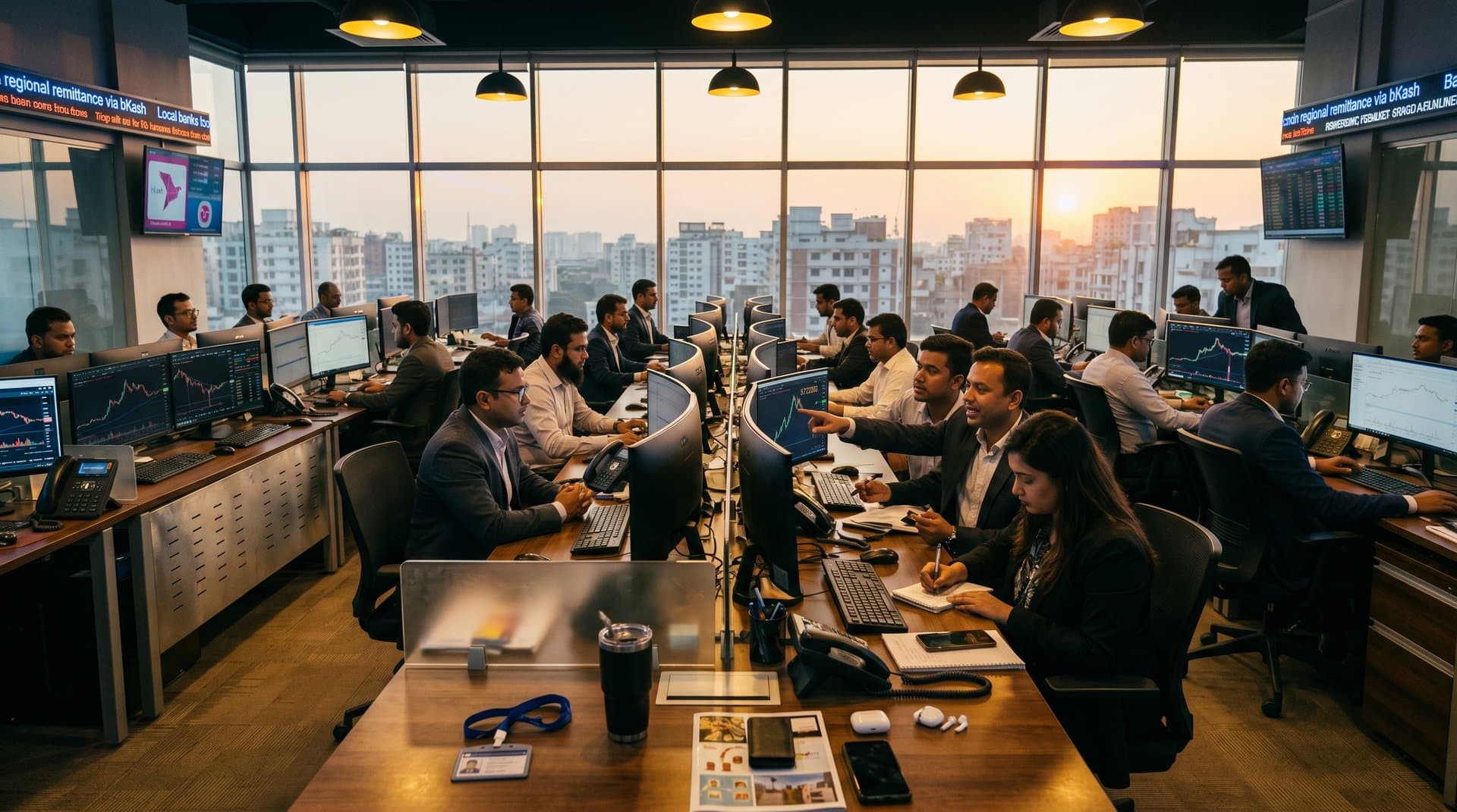 Trading screens show BTC at $77K, Canada crypto ATM ban news, Jessore remittance charts in high-tech finance office